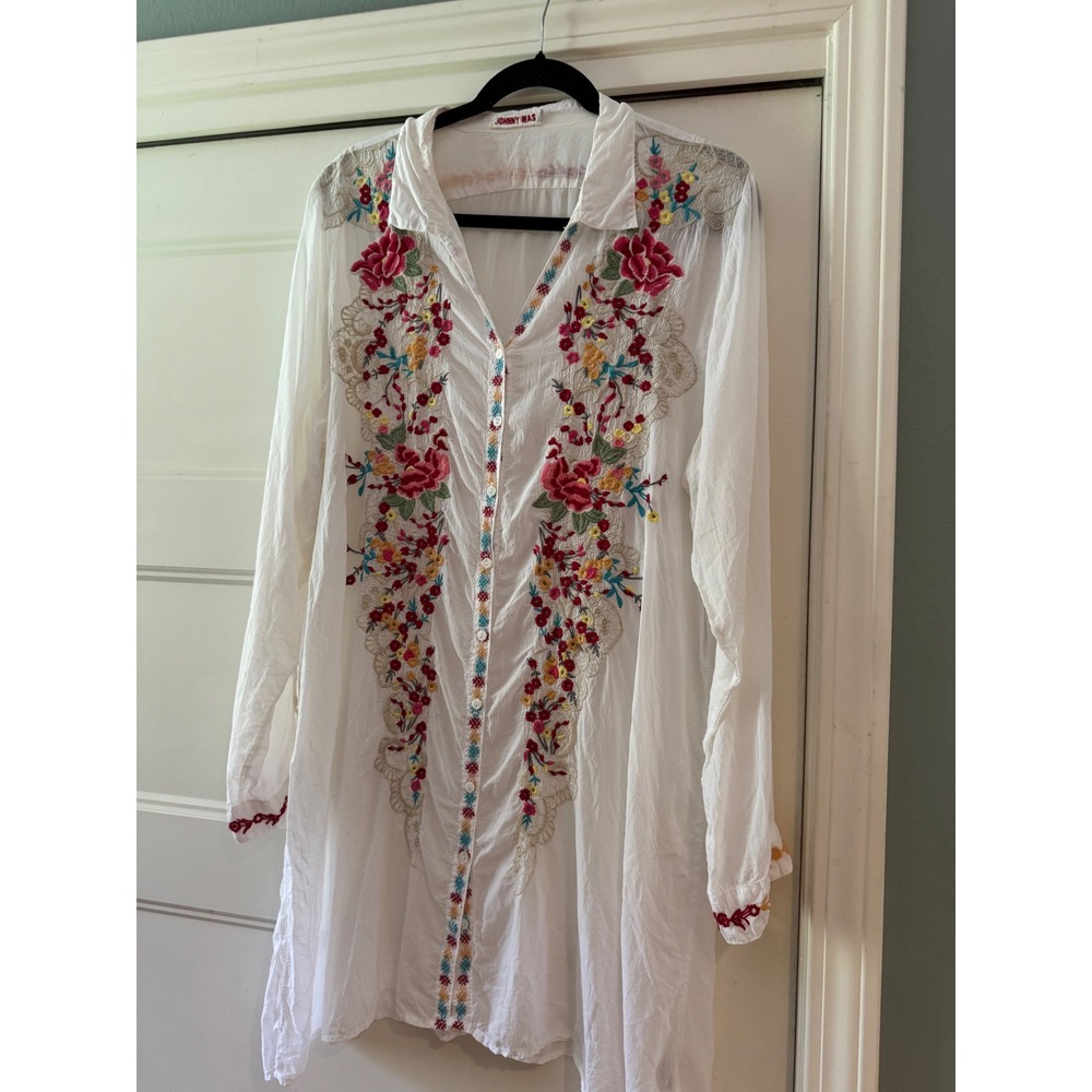 Johnny Was Tunic Top Cover Up Large Floral Embroidered Button Down Sheer Blouse